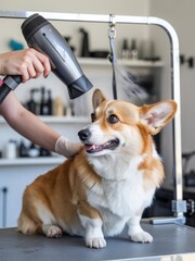 Close-up photo of a professional dog groomer in white gloves using a hairdryer to dry a happy and fluffy Corgi in a clean salon