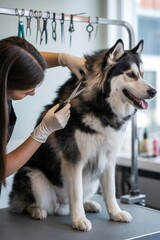 Professional dog groomer in white gloves using scissors to trim the fur of a majestic Alaskan Malamute or Husky on a grooming table in a bright salon.