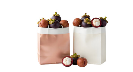 Two paper bags filled with fresh mangosteen fruit with some mangosteens placed outside bags on white background, perfect for fruit and healthy food concepts