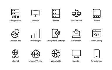 Global network and device connectivity icon collection. featuring server, smartphone, internet, chat, and storage.