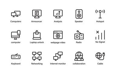 Essential networking and computer icon collection. laptop, monitor,  hotspot, collaboration, data analysis, and internet icons.