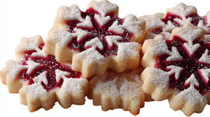 Delightful snowflake shaped cookies filled with vibrant red jam and dusted with powdered sugar