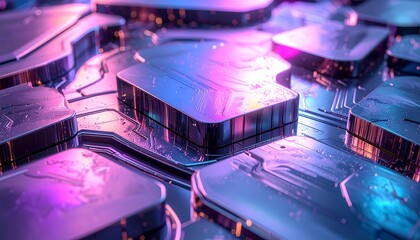 Close-up of a futuristic circuit board with glowing, reflective geometric shapes