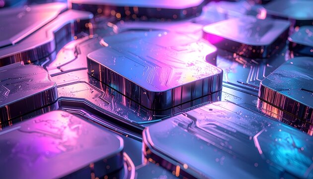 Close-up of a futuristic circuit board with glowing, reflective geometric shapes