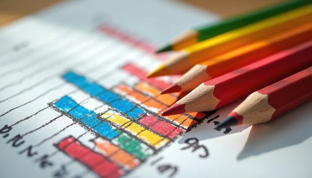 Colored pencils rest on child hand drawn bar chart representing growth or progress. This visual displays learning data analysis and creative education concepts.