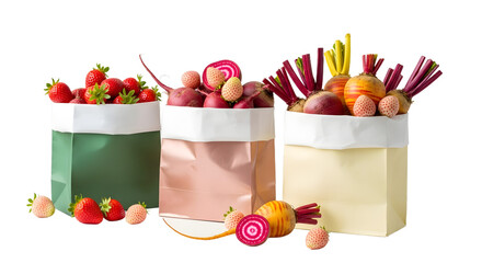 Colorful paper bags filled with assorted fresh fruits and vegetable snacks, healthy eating and organic lifestyle concept, perfect for food markets or nutrition articles