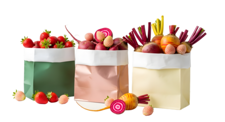 Colorful paper bags filled with assorted fresh fruits and vegetable snacks, healthy eating and organic lifestyle concept, perfect for food markets or nutrition articles