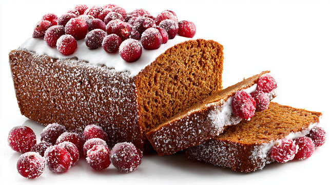 Delicious frosted fruitcake topped with cranberries and dusted with powdered sugar