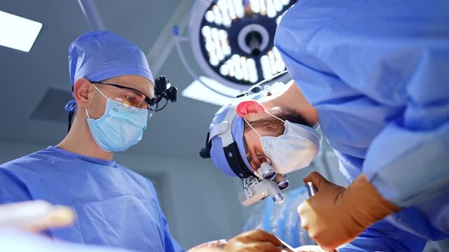 Doctors in surgical loupes work at neurosurgical operation. Low angle view at the focused doctors performing neurosurgery.