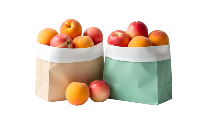 Fresh apricots and peaches in paper bags on white background, healthy fruit harvest perfect for grocery shopping and natural snacks