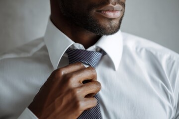 Confident man adjusting his tie while looking forward, symbolizing determination and readiness.