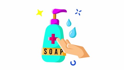 Animated Hand washing with liquid soap flat icon.