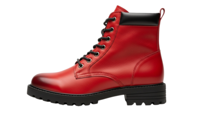 Red leather combat boot on transparent background
