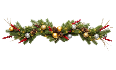 Pine garland with golden and silver baubles pinecones and red berries