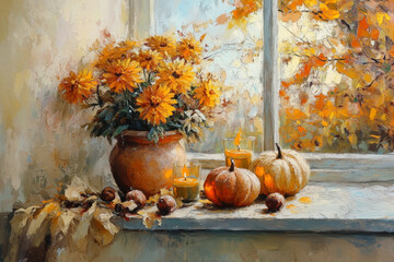 Autumn still life with pumpkins, flowers, candles, and window light