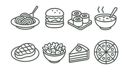 Set of food items including pizza, salad, and a hamburger