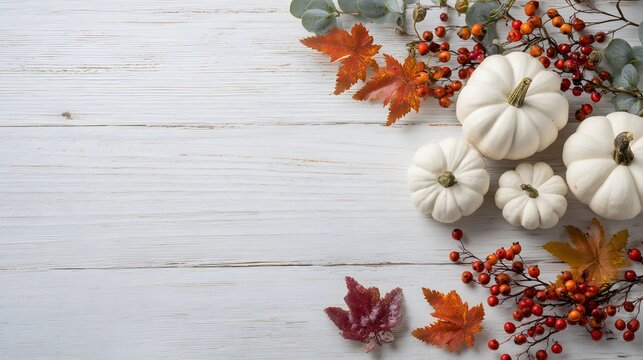 Professional overhead flat-lay: rustic white-washed boards, right-side cluster of miniature pumpkins, dried leaves and cotton stems, soft daylight