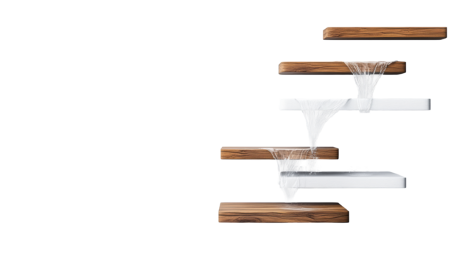 Wooden Steps with Water Flow on Transparent Background