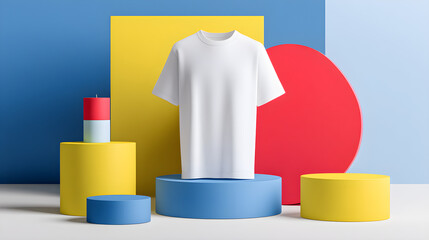 Stunning blank white t-shirt mockup elegantly displayed on vibrant geometric shapes for modern apparel design showcasing