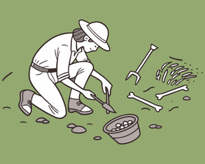 Archaeologist Digging and Uncovering Bones Illustration