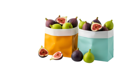 Fresh ripe figs in colorful recyclable paper bags with whole and cut pieces isolated on black background, healthy fruit snack, perfect for grocery or food content