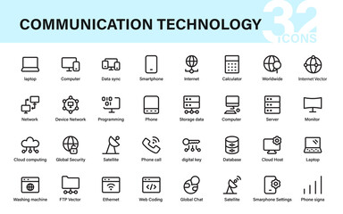 Global Communication Technology Icons Collection. Modern minimal icons representing digital connection, devices, and internet security.