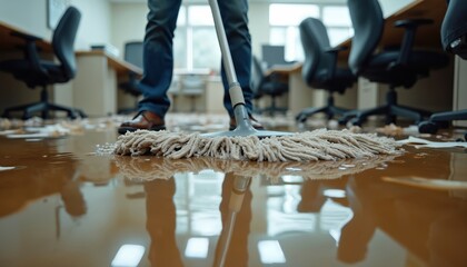 Person mops flooded office floor with muddy water, wet papers strewn around. Water damage cleanup after disaster in business workspace, restoration service begins.