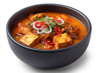 Hearty and flavorful Korean stew with tofu, kimchi, and chili peppers, served in a dark bowl.