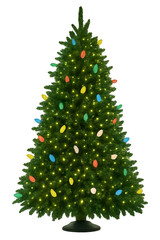 Christmas Tree Decorated with Multicolored Bulb Ornaments and Yellow Lights on White Background