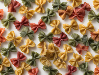 Vibrant tri color farfalle pasta scattered beautifully, offering a cheerful and appetizing visual for culinary inspiration.