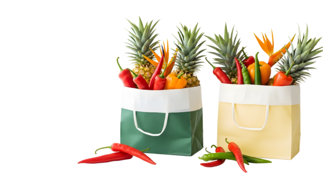 Grocery bags filled with fresh pineapples, assorted chili peppers, and other colorful vegetables, perfect for healthy lifestyle and market shopping concepts