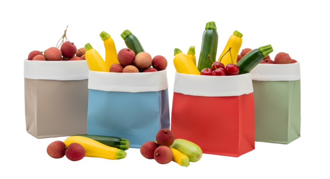 Reusable grocery bags with fresh vegetables and fruits in multiple colors on white, perfect for eco-friendly shopping or market trips