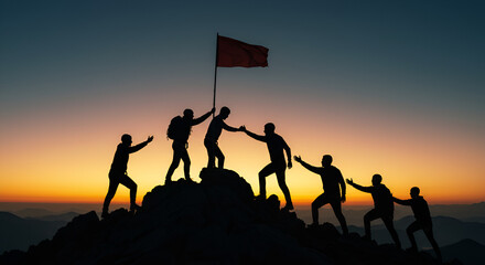 United team celebrates summit victory planting flag, achieving goals together at breathtaking sunrise mountain peak
