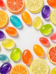Vibrant citrus slices and colorful candies arranged in a delightful pattern, evoking joy and sweetness for a refreshing visual treat.