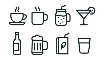 Set of black and white icons for drinks and food items