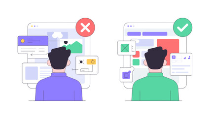 Comparing user interface design concepts with a red cross and a green checkmark indicating good and bad outcomes