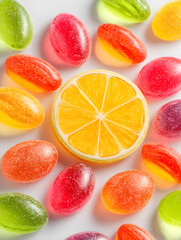 Vibrant assorted fruit candies scattered around a juicy lemon slice, creating a delightful and colorful arrangement perfect for sweet treats and confectionary themes.