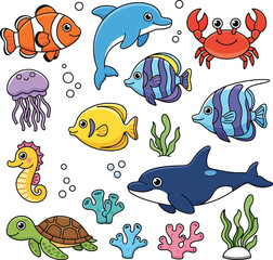 Cute cartoon sea animals vector seamless pattern with fish, octopus, shark, dolphin, and starfish illustration