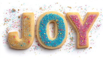 Sweet cookies spelling out the word JOY, decorated with colorful sprinkles and crumbs, creating a festive and cheerful mood.