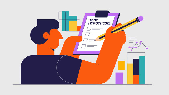 Person filling out a checklist on a clipboard with the words test hypothesis and data charts in the background