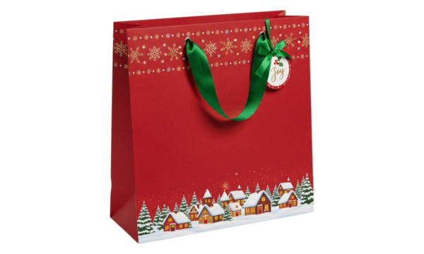 Red gift bag with winter village design on transparent background