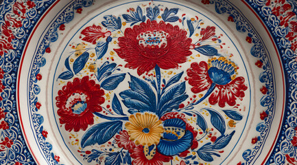 Vibrant floral ceramic plate design showcasing intricate red blue and yellow hand painted botanical art with decorative border