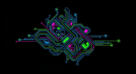 Abstract digital circuit board with neon lights and geometric patterns