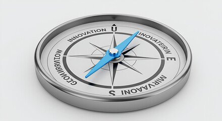 Modern compass pointing towards innovation, representing business direction, future planning, and strategic goals in a competitive market