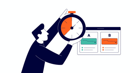 Man holding a stopwatch over a screen displaying a b testing results with charts and data points