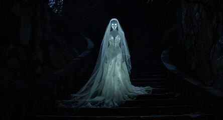 Ghost bride on dark staircase with glowing eyes