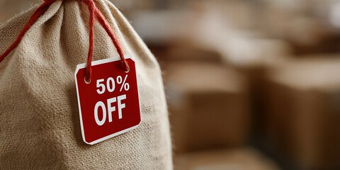 Don't miss out on this deal! A burlap bag features a 50% off tag, signaling a fantastic discount.  Perfect for seasonal promotions, limited-time offers and special events.
