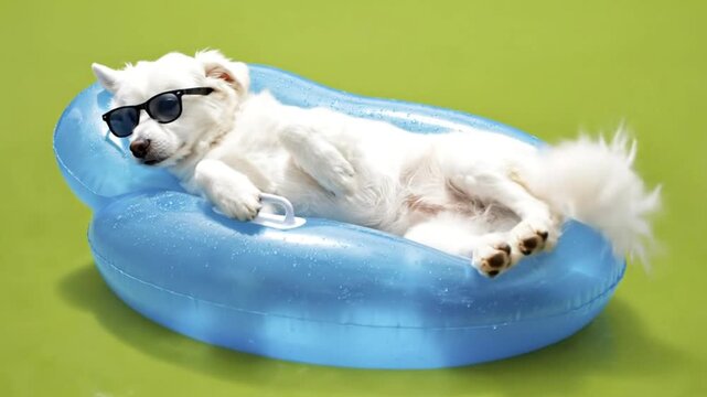 White dog sunglasses reclines on a blue inflatable float in a green setting