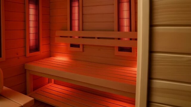 Empty infrared sauna interior with wood paneling and steaming diffuser. Modern steam bath for health and relaxation.