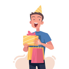 Man with Gift Box Wrapped with Ribbon Vector Illustration